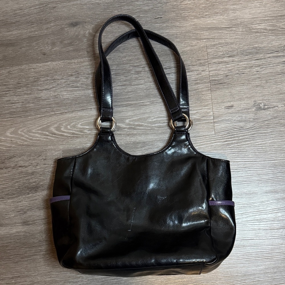 Black Faux Leather Letter K Shoulder Bag with Purple Accent and Silver Hardware - Picture 2 of 10